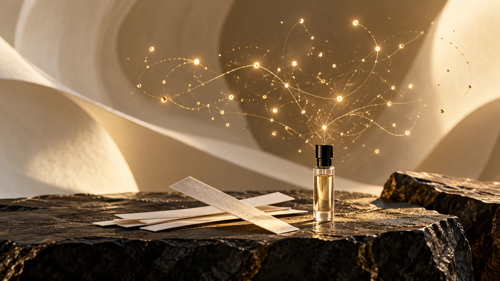 A sample vial and paper blotters beneath a network of golden light.