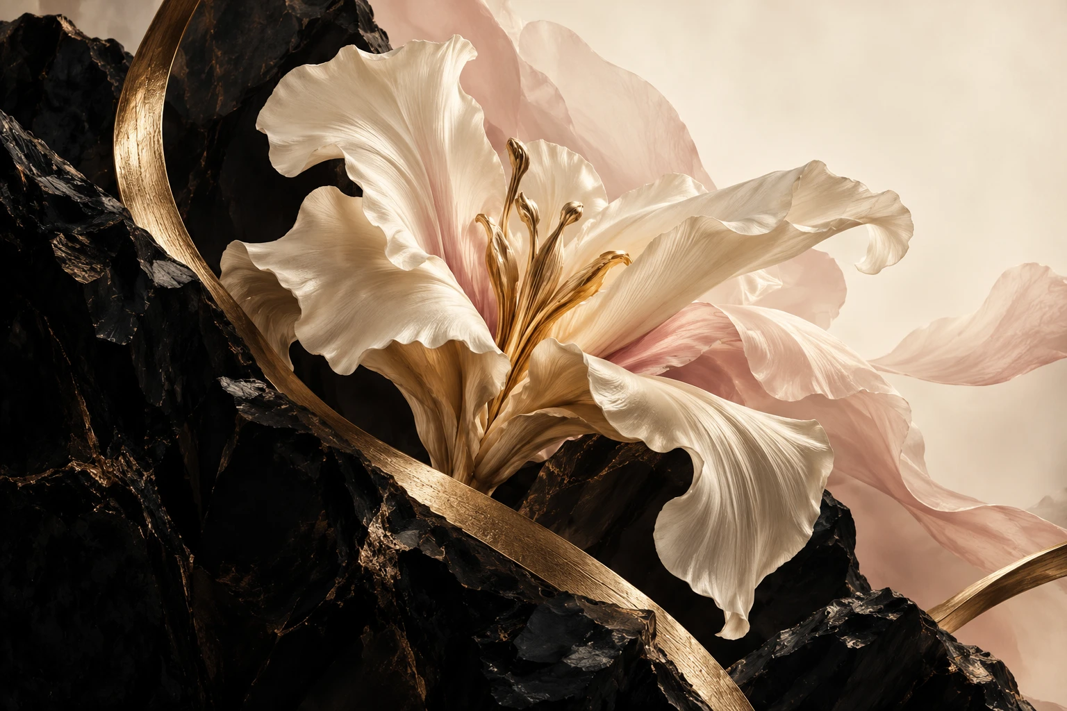 Editorial illustration of an ivory flower rising from dark stone beside a curved gold ribbon.