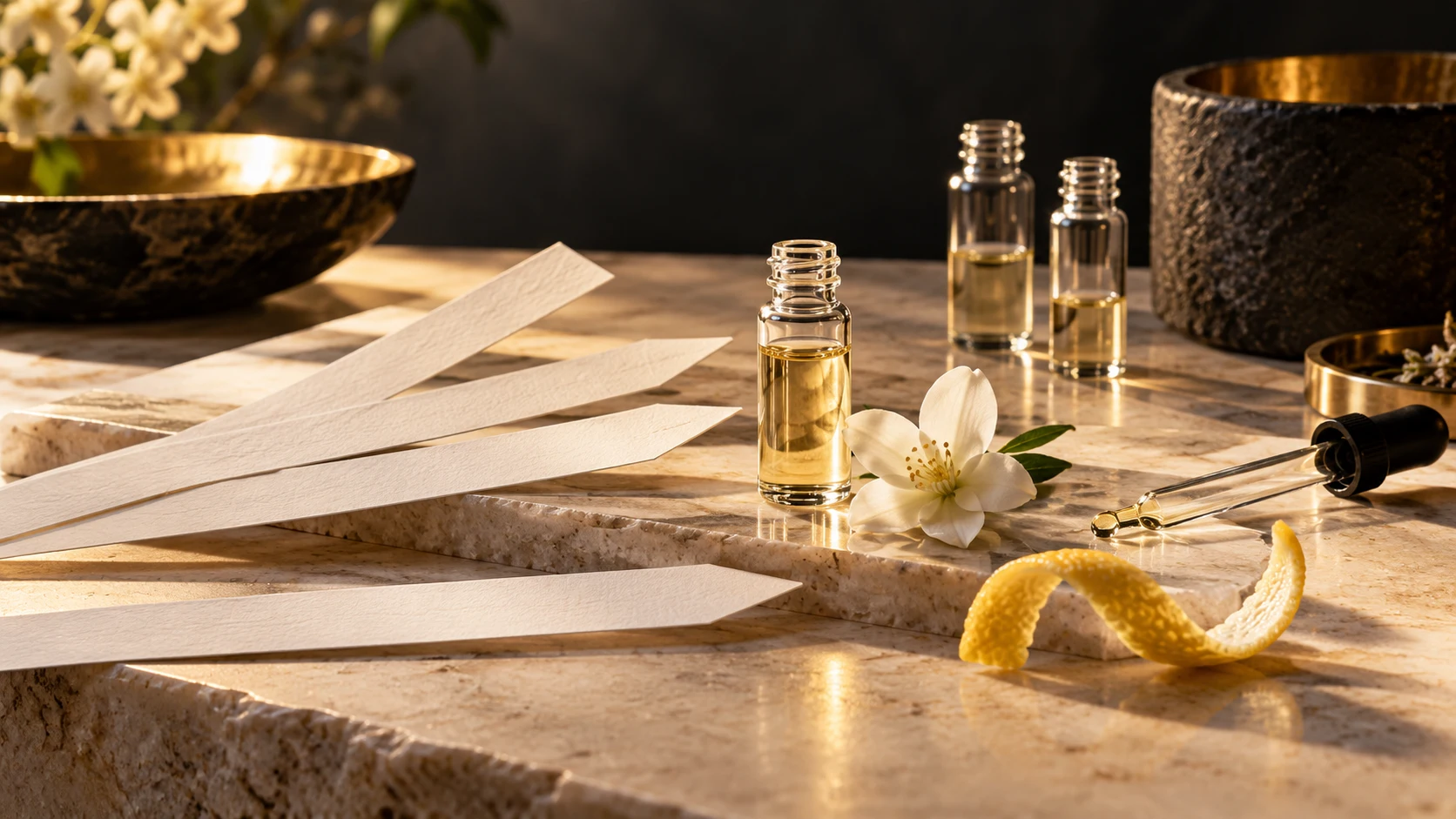 Fragrance sample vials, paper blotters, a white flower and citrus peel on ivory stone.