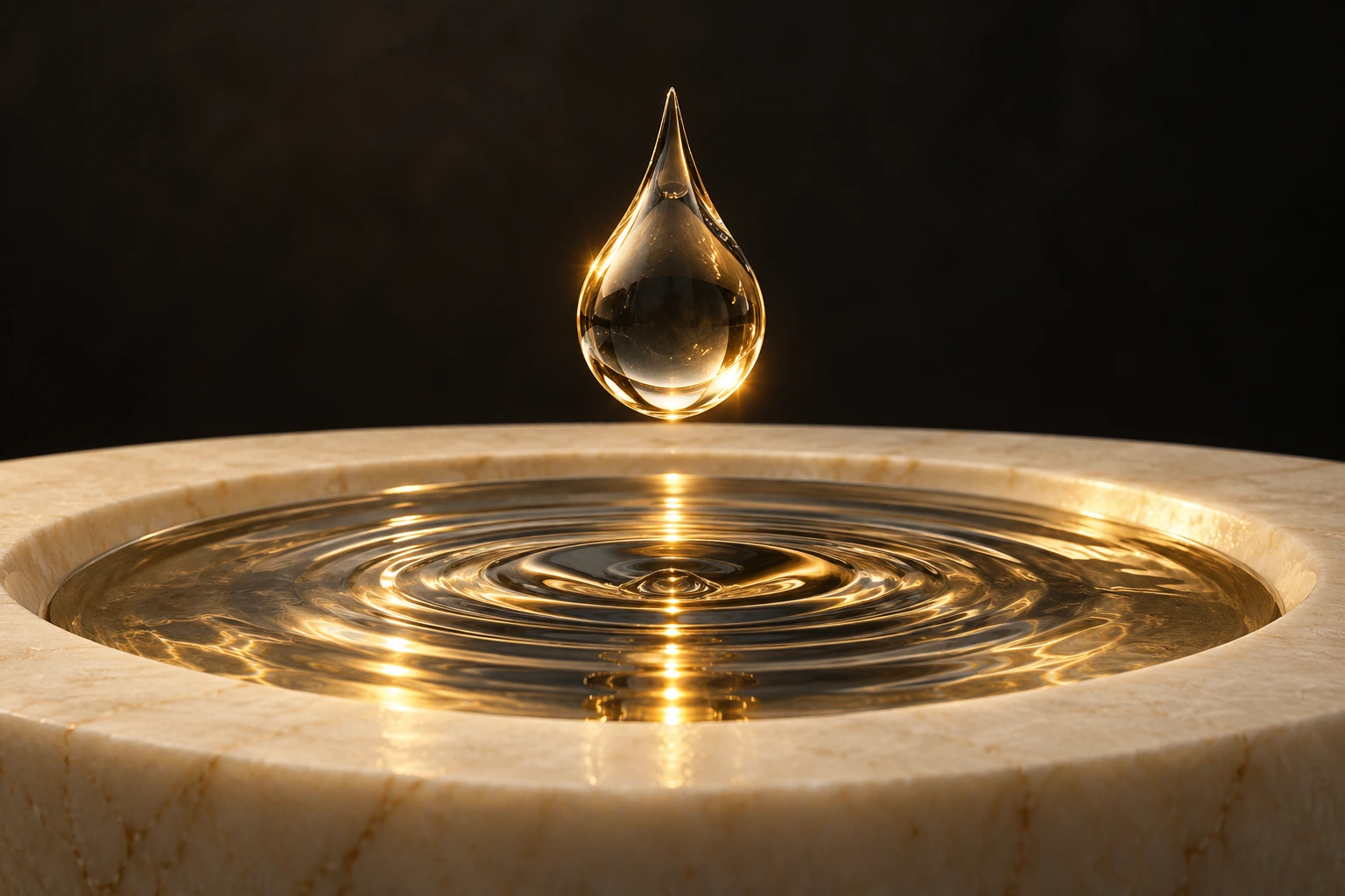 Editorial illustration of a clear droplet suspended above rippling water in an ivory stone basin, lit with warm gold reflections.