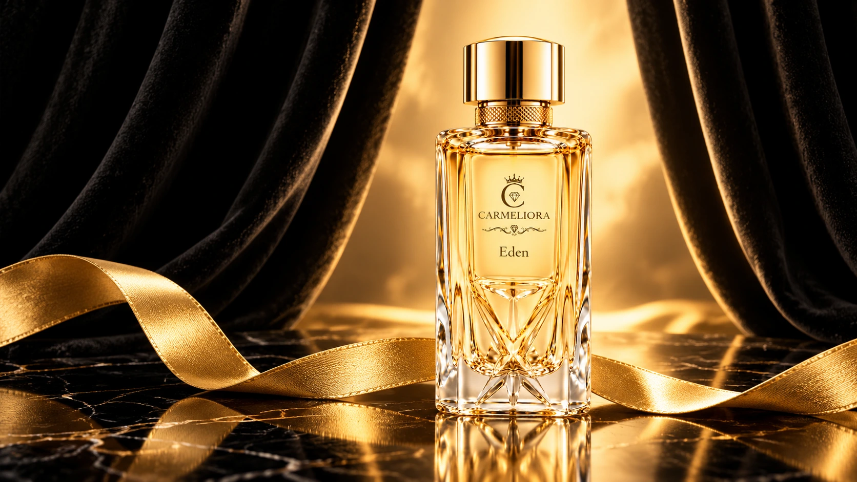 Eden framed by black velvet, gold light and a flowing ribbon