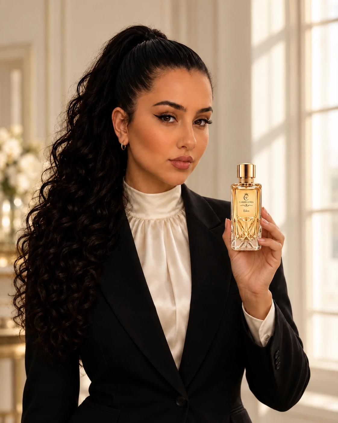 A woman holding Eden in a sunlit ivory interior