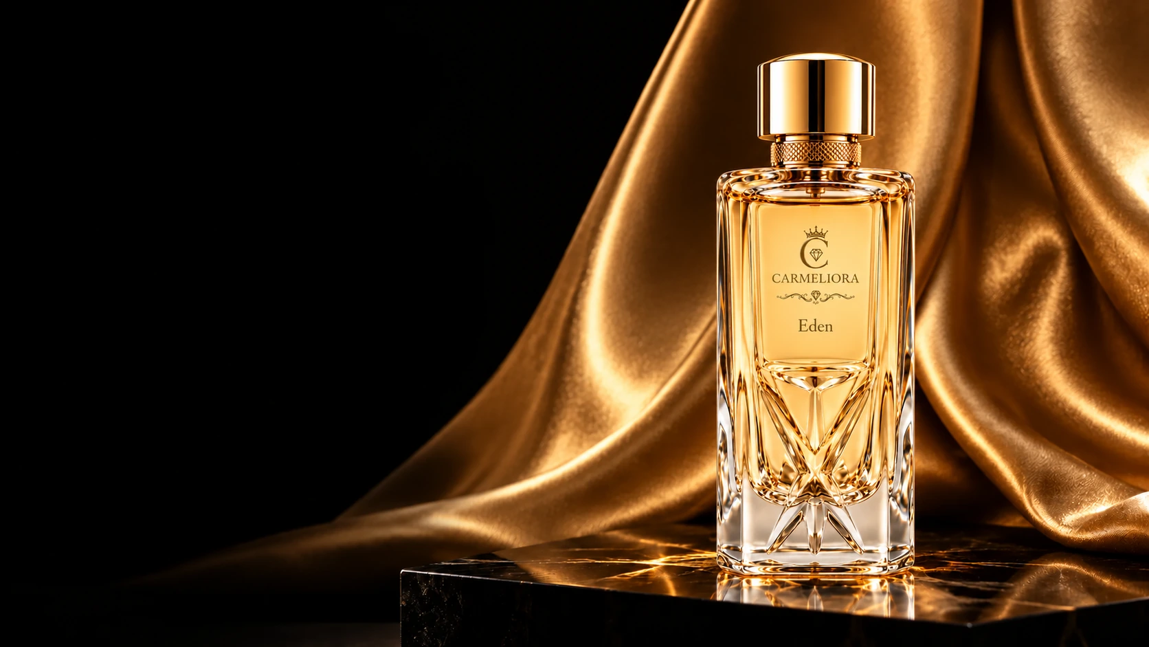 Carmeliora Eden against flowing gold satin and black marble