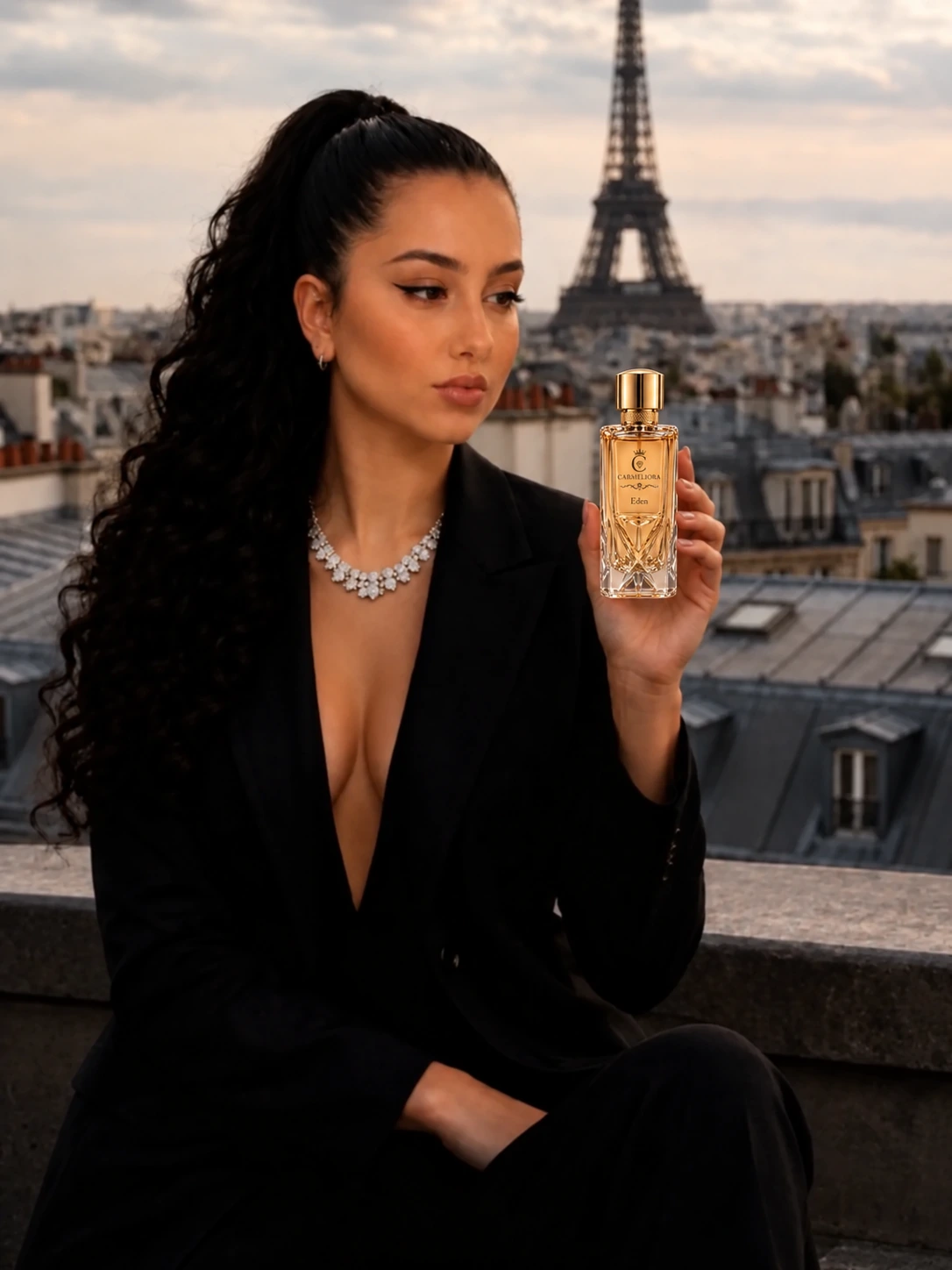 Carmeliora campaign portrait overlooking Paris and the Eiffel Tower