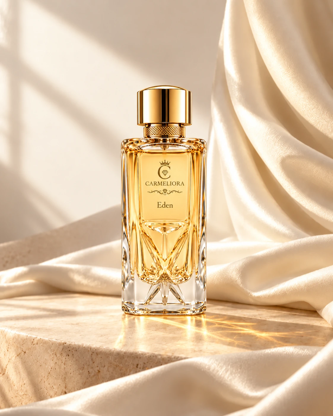 Carmeliora Eden in faceted glass with a gold cap, surrounded by ivory satin