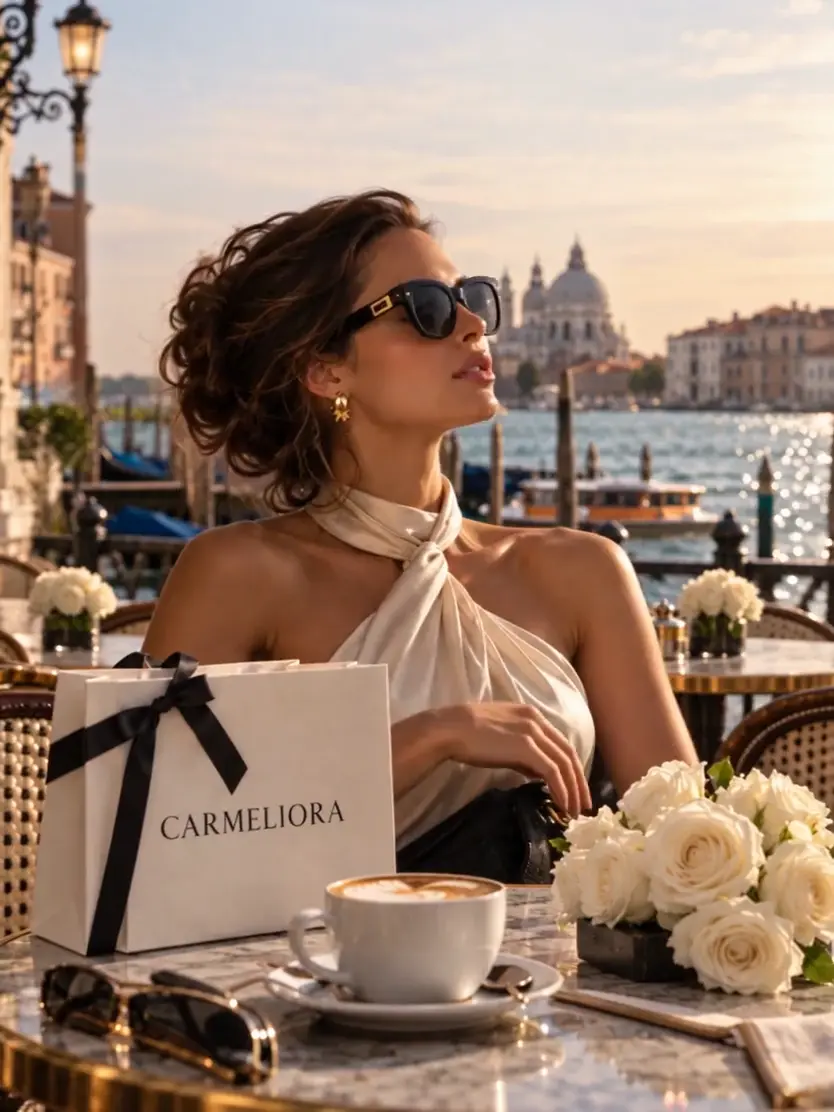 A woman at a waterfront café beside her Carmeliora bag